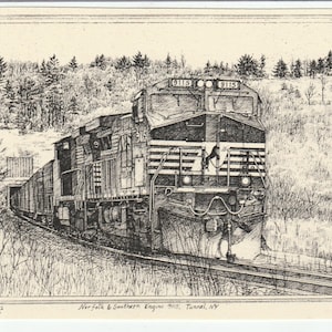 Norfolk & Southern Engine 9115-This 6-pack of blank, ivory notecards w envelopes features an ink drawing of a freight train engine