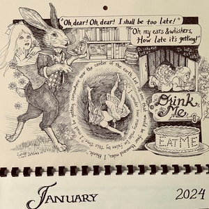 2024 Alice in Wonderland Wall calendar REPRINT drawn, printed, collated and produced by LC DeVona of Farmhouse Greetings image 2