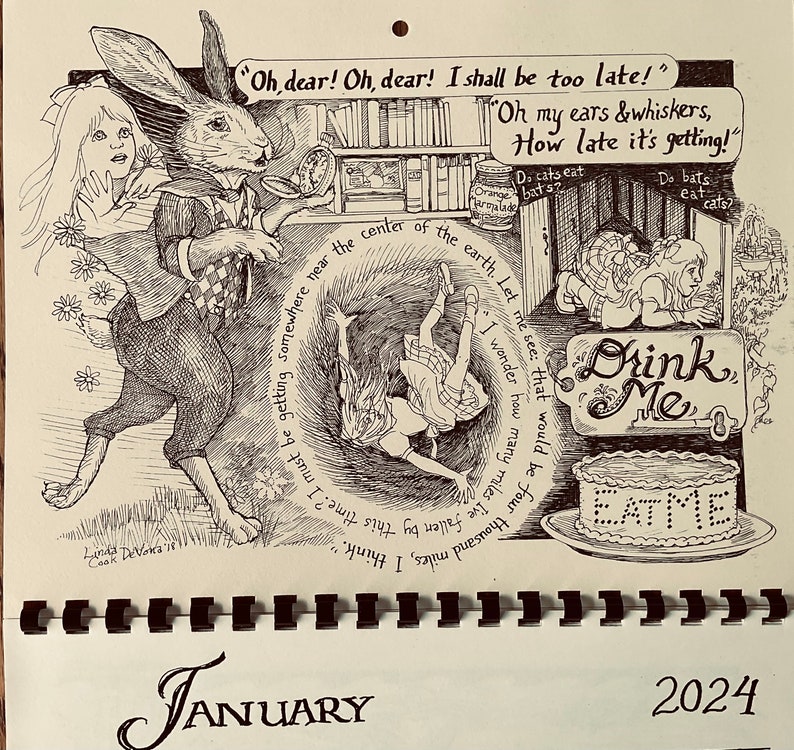 2024 Alice in Wonderland Wall calendar REPRINT drawn, printed, collated and produced by LC DeVona of Farmhouse Greetings image 2