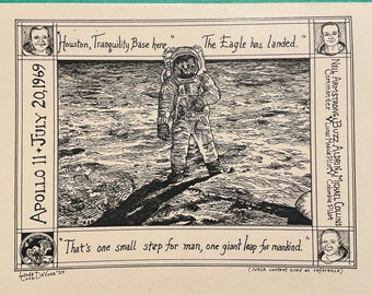 Apollo 11- First Man on the Moon- 6-pack of ivory notecards with matching envelopes drawn and printed by LC DeVona