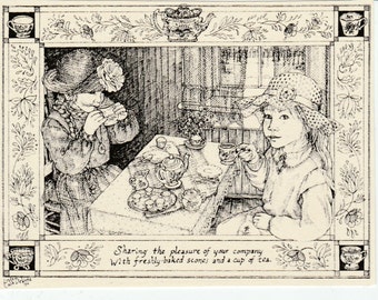 Cup of tea-This 6-pack of blank, ivory cards w matching envelopes features an ink drawing by LC DeVona of 2 girls having a tea party