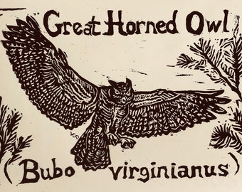 Great Horned Owl (Bubo virginianus) - set of 6 blank, ivory notecards with envelopes of gliding owl created, carved and printed by LC DeVona