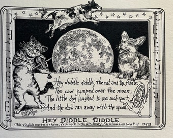 Hey Diddle Diddle, the cat and the fiddle- 6-pack of notecards w envelopes, drawn and printed by LC DeVona