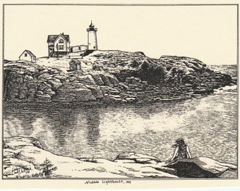 Nubble Lighthouse-This 6-pack of blank, ivory notecards features an ink drawing by LC DeVona of Nubble Lighthouse in York Beach, Maine