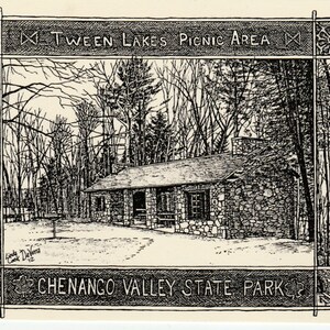 May include: A black and white illustration of a stone building with a sign that reads "Tween Lakes Picnic Area" and "Chenango Valley State Park". The building is surrounded by trees.