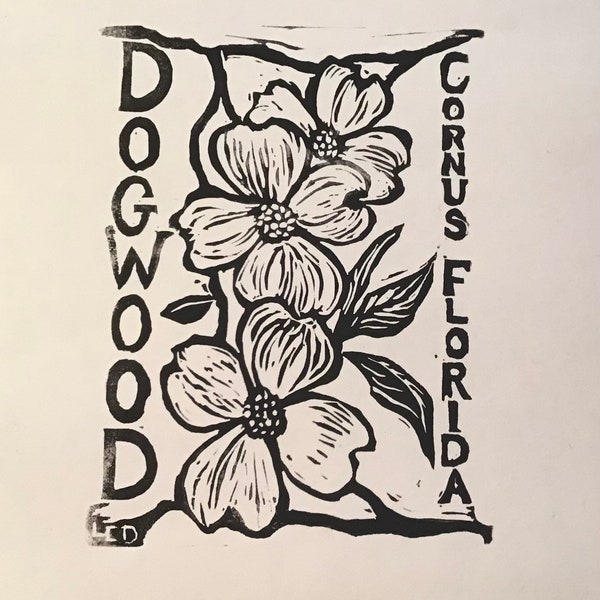 Dogwood ( Cornus Florida) -5”x7” blockprint notecard with envelope -designed, carved and printed by LC DeVona- suitable for framing