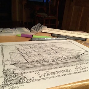 May include: A black and white ink drawing of a ship with the text "Wayfarers All" on a white sheet of paper. The drawing is surrounded by a rope border. There are various art supplies on the table, including a ruler, a purple pen, and black markers.