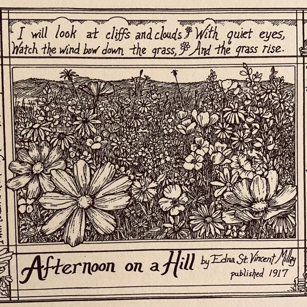 Edna St Vincent Millay- Afternoon on a Hill- 6-pack of blank, ivory notecards with envelopes illustrated by LC DeVona of Farmhouse Greetings