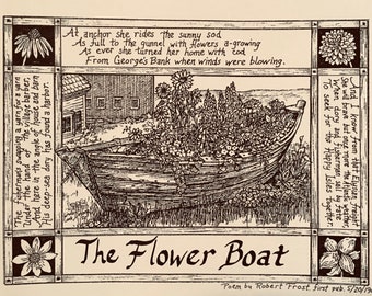 The Flower Boat poem by Robert Frost, pack of 6 notecards w envelopes on ivory coverstock illustrated by LC DeVona