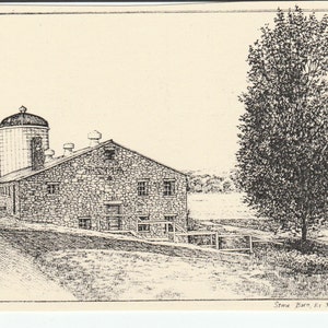 May include: A black and white line drawing of a stone barn with a silo attached. The barn has a wooden door and several windows. A large tree stands to the right of the barn. The text "Stone Barn, Rt. 347, East Granby" is written at the bottom of the image.