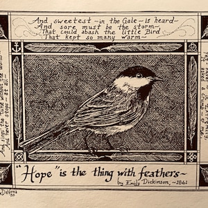 Hope is the Thing with Feathers- six-pack of Emily Dickinson poetry notecards on ivory coverstock, illustrated by LC DeVona