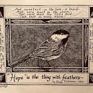 Hope is the Thing with Feathers six-pack of Emily Dickinson poetry notecards on ivory coverstock, illustrated by LC DeVona image 1