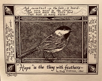 Hope is the Thing with Feathers- six-pack of Emily Dickinson poetry notecards on ivory coverstock, illustrated by LC DeVona