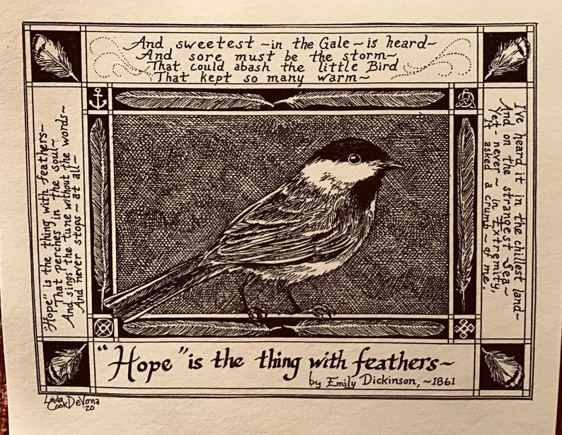 Hope is the Thing with Feathers six-pack of Emily Dickinson poetry notecards on ivory coverstock, illustrated by LC DeVona image 1
