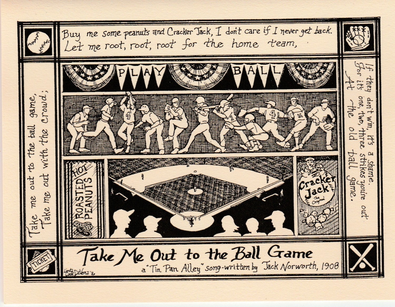 Take Me Out to the Ballgame: 6-pack of notecards w envelopes drawn and printed by LC DeVona from her song series' cards