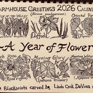 2026 Calendar- A Year of Flowers-12 Floral blockprints by LC DeVona of Farmhouse Greetings