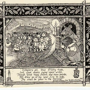 Puede incluir: Una ilustraci&oacute;n en blanco y negro de un grupo de ratones cantando villancicos con un rat&oacute;n sosteniendo una vela frente a ellos. El texto dice "Villagers all, this frosty tide, Let your doors swing open wide, Though wind may follow, and snow beside, Yet draw us in by your fire to bide; Joy shall be yours in the morning!" y "Kenneth Grahame from The Wind in the Willows".