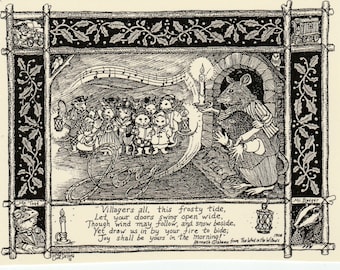 Wind in the Willows Christmas Carol: 6-pack of blank, ivory notecards w env features drawing by LC DeVona of fieldmice singing at Moles home