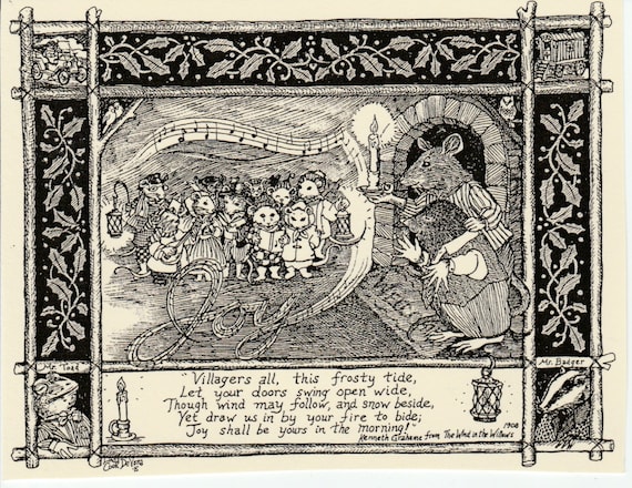 Wind in the Willows Christmas Carol: 6-pack of blank, ivory notecards w env features drawing by LC DeVona of fieldmice singing at Moles home