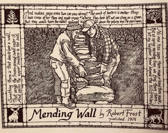 Mending Wall by Robert Frost: 6-pack of blank, ivory notecards with envelopes illustrated by LC DeVona of Farmhouse Greetings