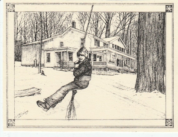 Winter Swing- This 6-pack of blank, ivory notecards features an ink drawing  by LC DeVona of a child swinging from a rope swing in Winter.