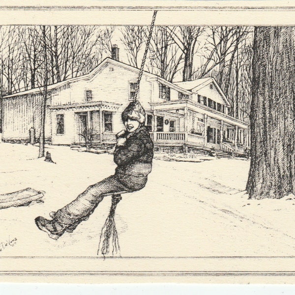 Winter Swing- This 6-pack of blank, ivory notecards features an ink drawing by LC DeVona of a child swinging from a rope swing in Winter.