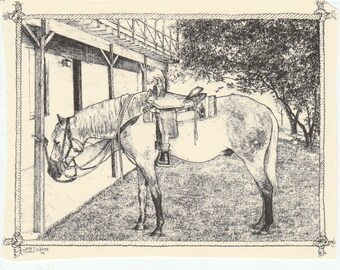 Ready for a trail ride,- This 6-pack of blank, ivory notecards w envelopes features a pen-and-ink drawing by LC DeVona of a saddled horse