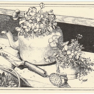 May include: A black and white drawing of a still life featuring a teapot with flowers growing out of it, a knife, a bowl, and a watering can.