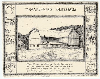 Thanksgiving Blessings-This 6-pack of blank, ivory notecards w envelopes features an ink drawing of a large barn with a family blessing.