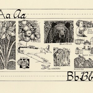 May include: Black and white illustration of various objects starting with the letter A and B.  The objects include an amaryllis, apples, an airplane, acorns, beans, a black bear, blueberries, a boy blowing bubbles, a barn building, and bunnies.