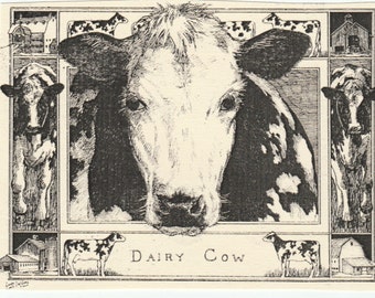 Dairy cow-This 6-pack of blank, ivory cards with matching envelopes features a pen-and-ink drawing  by Linda Cook DeVona of a holstein cow.