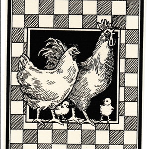 May include: Black and white illustration of a rooster and hen with two chicks. The birds are standing on a black and white checkered background.