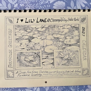 May include: A 2027 calendar with a black and white ink illustration of Lily Lake at Chenango Valley State Park. The cover features water lilies, a frog on a lily pad, and the text I Love Lily Lake at Chenango Valley State Park.