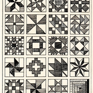 May include: A black and white illustration of 16 different quilt block patterns. Each block is a square with a unique geometric design.