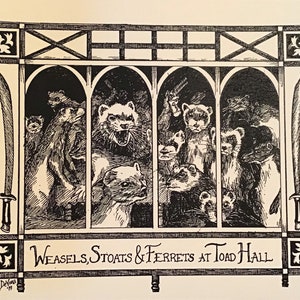 6-pack of blank, ivory notecards of LC DeVona's penned drawing of Weasels, Stoats and Ferrets at Toad Hall, of the Halls' unwelcome guests