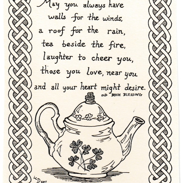 Irish Blessing with teapot: 6-pack of blank, ivory notecards with envelopes by LC DeVona, of Irish blessing with teapot and Celtic border