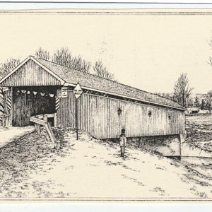 Fitch's Covered Bridge-This 6-pack of blank ivory cards w matching envelopes features a pen-and-ink drawing by LC DeVona of a covered bridge