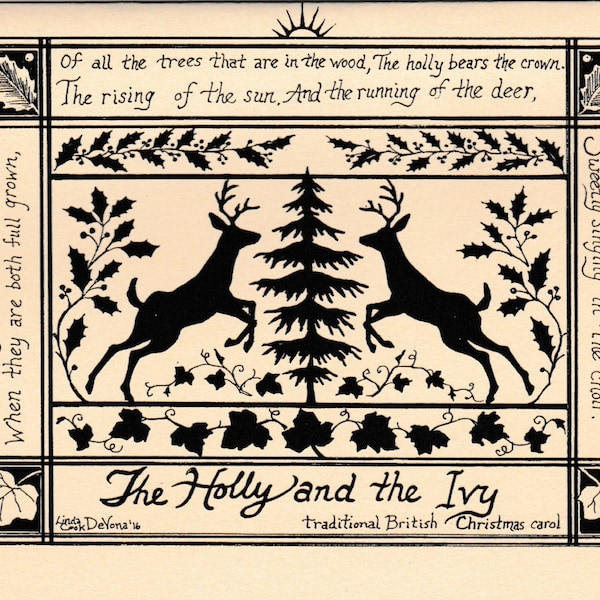 The Holly and the Ivy is a 6-pack of holiday notecards with song lyrics drawn by LC DeVona printed on ivory stock w matching envelopes