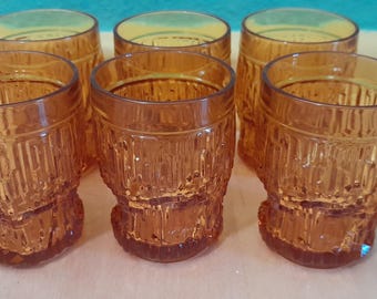 Set of 6 vintage glasses, amber, brown, 70s, water glass, juice glass