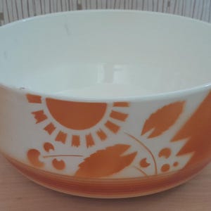 Stor art déco-skål, stänkdekoration, krämfärgad, orange vintage