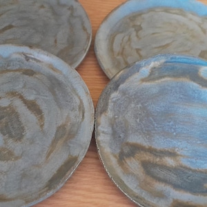 Set of 4 vintage cake plates, dessert plates, mottled, blue, handmade, pottery
