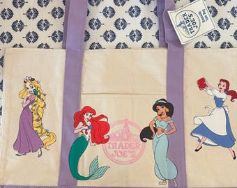 Disney Princess Custom Made Trader Joes Large Purple Tote Belle, Ariel, Rapunzel