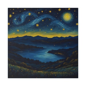 Wall Art Starry Night Lake, Lake Moon & Stars Canvas Painting, Mountains at night, Whimsical Night Sky Art for Gift,Living Bed Room Painting