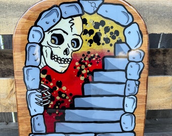 Skeleton Portal Door, traditional tattoo style, hand painted wood sign, resin coating, approx 12x15in