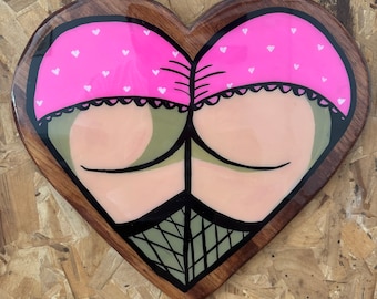 Butt heart booty painting, “Baby Got Back” traditional tattoo style, hand painted sign, approx 15x14in