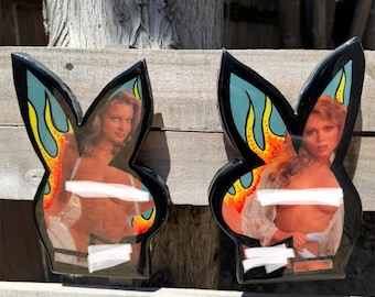 MATURE Playboy Playmate bunny paintings, traditional tattoo style, hand painted wood sign, resin coating, approx 10 x 6.25 in (set of two)