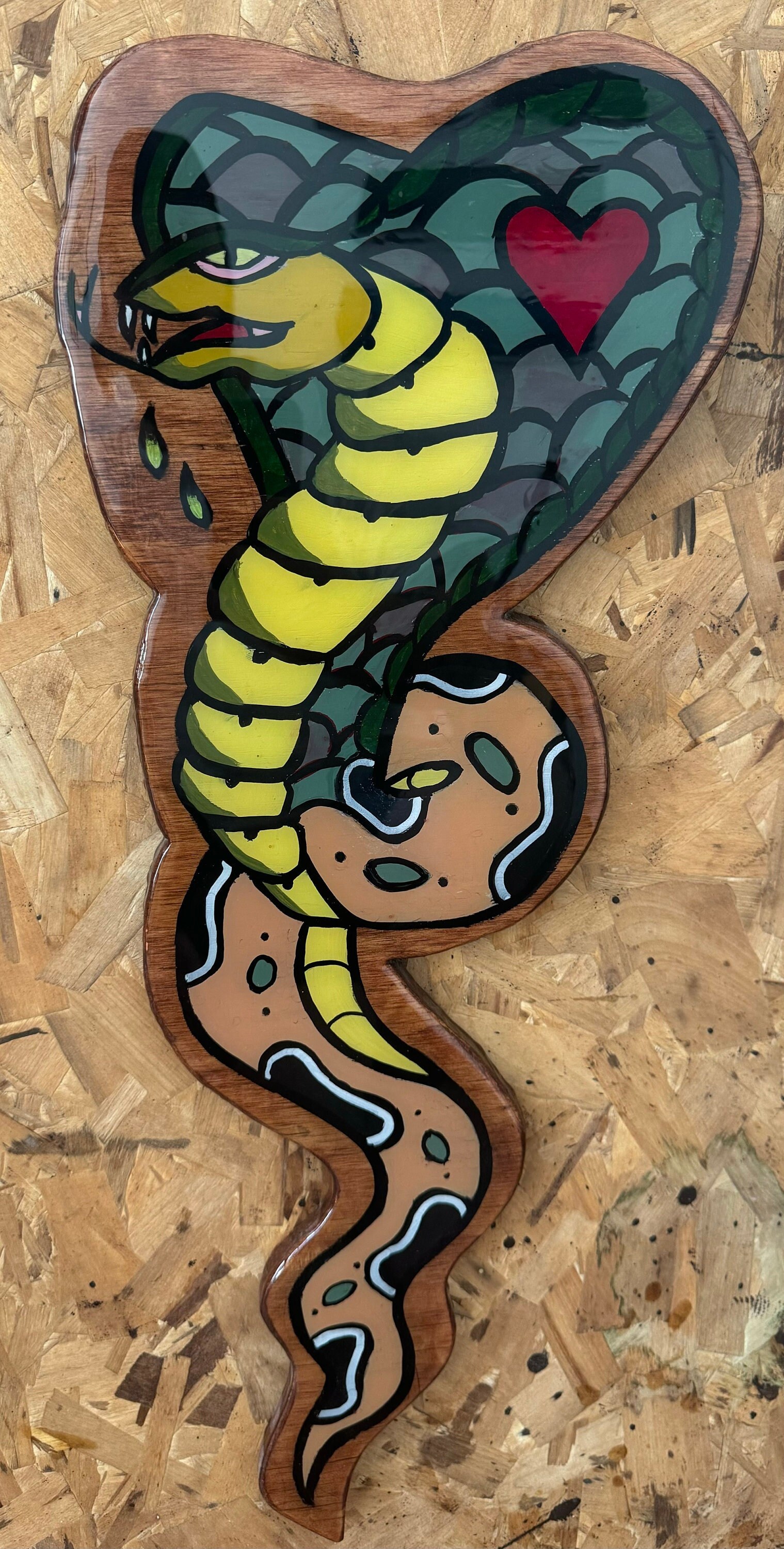 Cobra snake painting, “Love Bites”, traditional tattoo style, hand painted wood sign, resin coating, approx 9.5x24in