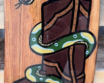 Cowboy boot snake rattlesnake painting, “Sh!tkickers”, traditional tattoo style, hand painted wood sign, resin coating, approx. 9x13in