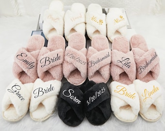 Custom Bride Slippers | Personalized Soft House Slippers | Bachelorette Party Gift | Fluffy Slippers | Bridal Party|Custom Fluffy Slippers