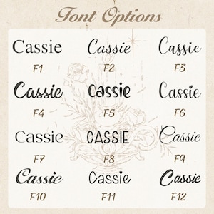 May include: A beige background displays "Font Options" in a script font. Below, twelve variations of the name "Cassie" are shown in different fonts, labelled F1 to F12. A floral illustration is in the background.